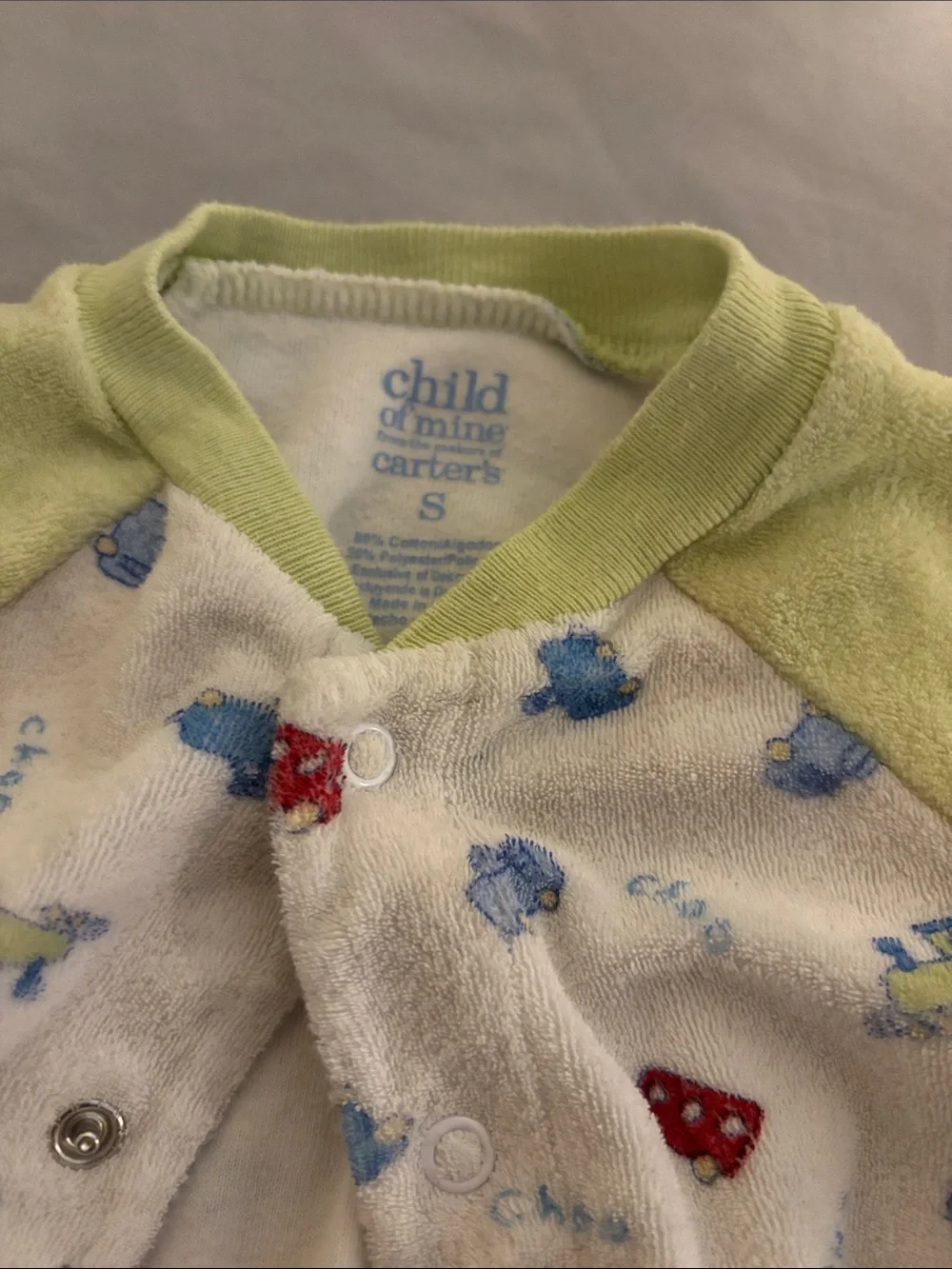 Carter's White Footed One-Piece Set with Green Trim and Vehicle Motif